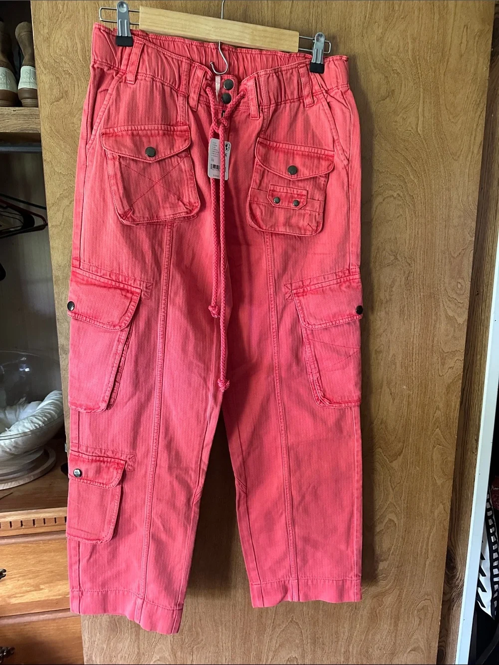 Free People Coral Pink Cargo Boot Flare Pants